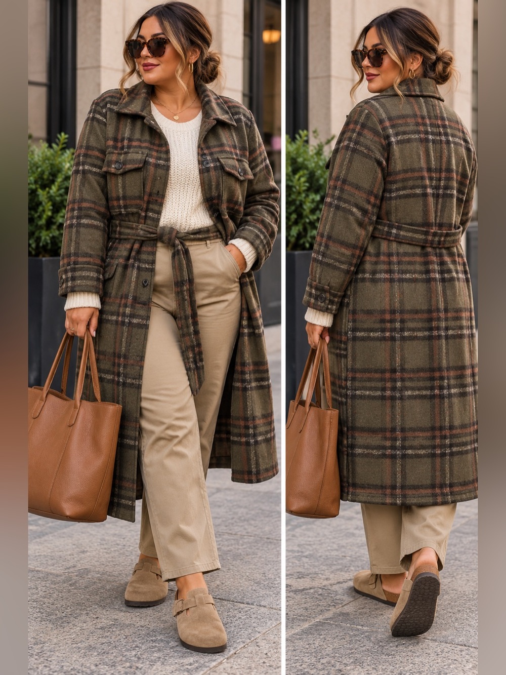 Eloquii Olive Plaid Belted Trench Coat
